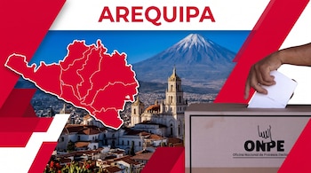 Mapa rojo de Arequipa, vista urbana con el volcán Misti de fondo y una mano introduciendo una cédula en una urna con el logo de la ONPE.