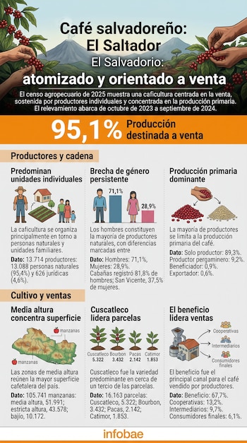 Infografía sobre el café en El Salvador con cifras porcentuales, gráficos de barras, un mapa e ilustraciones de agricultores y plantas.