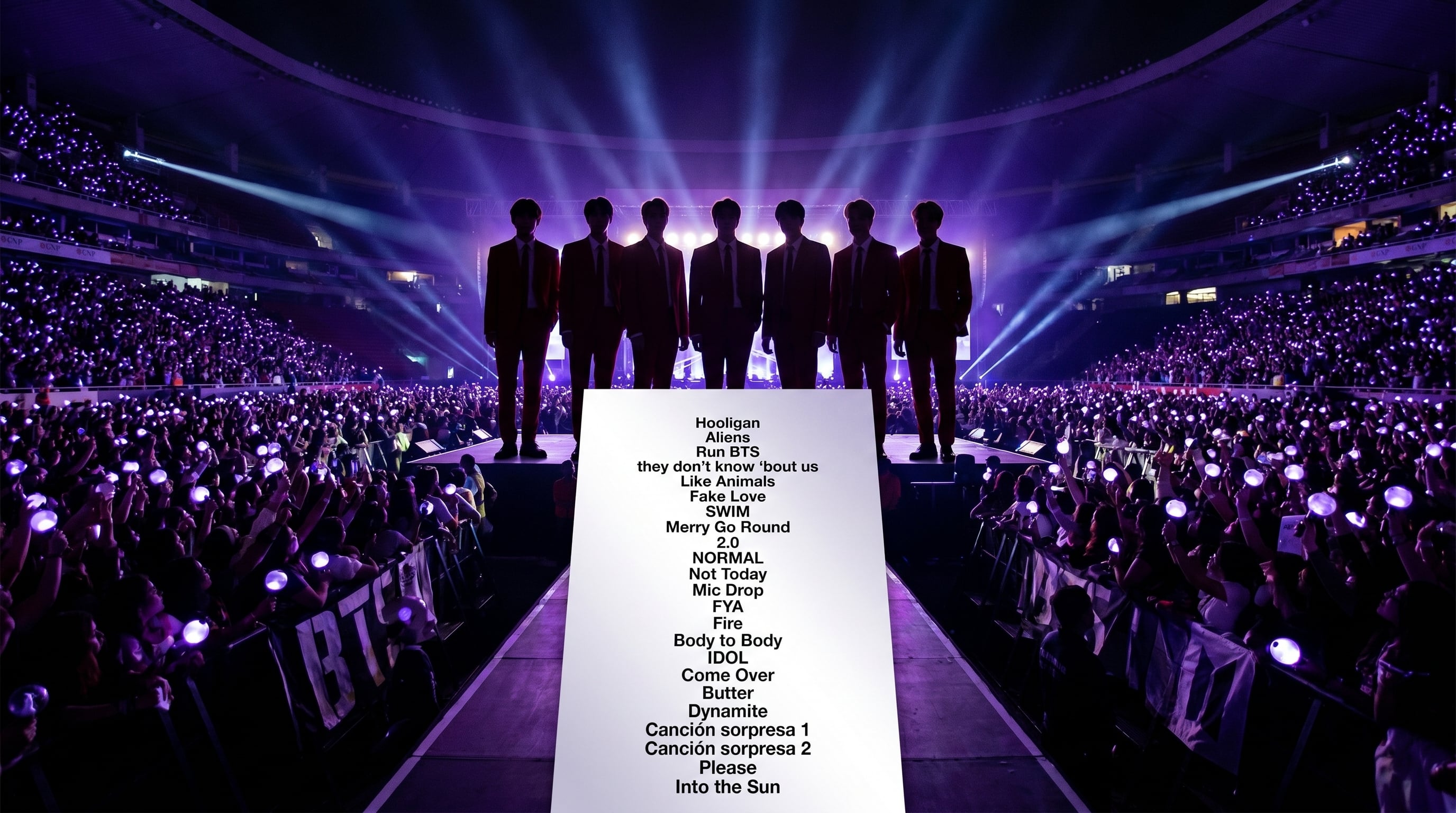 Fans iluminan el Estadio GNP Seguros con luces púrpuras mientras la silueta de BTS se presenta en el escenario, y un setlist detallado se muestra en primer plano durante un emotivo concierto. (Imagen Ilustrativa Infobae)