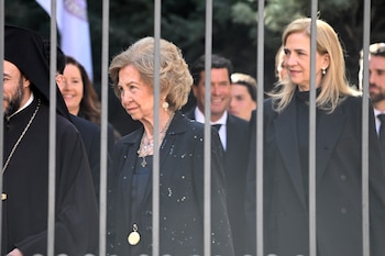 La Infanta Cristina y la Reina Sofía a su llegada al homenaje a Irene de Grecia en la Catedral Ortodoxa Griega de San Andrés y San Demetrio, a 24 de febrero de 2026, en Madrid (España). (José Oliva / Europa Press).