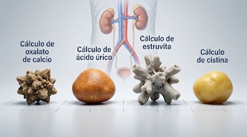 Cuatro cálculos renales etiquetados como oxalato de calcio, ácido úrico, estruvita y cistina junto a una silueta con el sistema urinario.