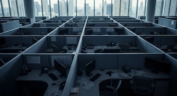 Vista aérea de un amplio espacio de oficinas con filas de cubículos vacíos equipados con monitores y sillas, con rascacielos al fondo.