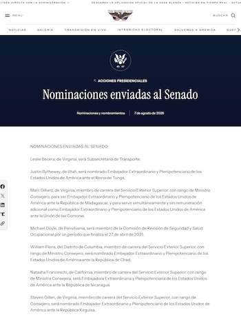 La Casa Blanca nomina a Natasha Franceschi en Nicaragua (Captura de pantalla del portal gubernamental).