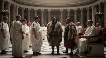 Interior del Senado romano con columnas y cúpula. Un hombre con túnica y pieles se sitúa entre varios hombres con togas blancas y sandalias.
