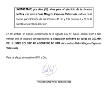 Documento con texto que refiere inhabilitación de Delia Milagros Espinoza Valenzuela y solicitud para el Colegio de Abogados de Lima, con firma