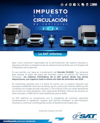 Texto 'Impuesto sobre Circulación de vehículos 2026'. Cinco vehículos blancos: un camión grande, una camioneta, una motocicleta, un coche y un camión pequeño