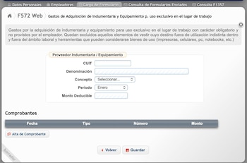 Interfaz de formulario web F572. Muestra campos para CUIT, Razón Social, Fecha de Aporte y Montos al Capital Social y Fondo de Riesgo, con botones Volver y Guardar