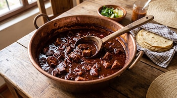 Un cazo de cobre con guisado de carne en salsa oscura, un cucharón de madera, tortillas de maíz y limones sobre una mesa.