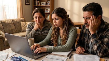 Una mujer joven, una mujer mayor y un hombre se sientan alrededor de una mesa, mirando una computadora portátil con documentos universitarios esparcidos. Todos lucen preocupados