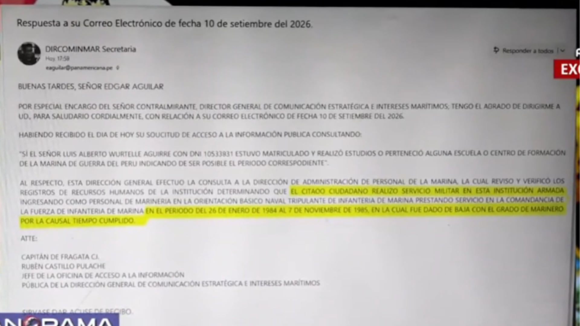 Un documento oficial de la Marina de Guerra del Perú confirma que el asesor Luis Alberto Wurtelle fue dado de baja como marinero tras cumplir su servicio militar entre 1984 y 1985. (Panorama)