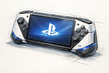 Ilustración de una consola portátil blanca y negra con detalles azules, diseño de maqueta dibujada. La pantalla azul muestra el logo blanco de PlayStation.