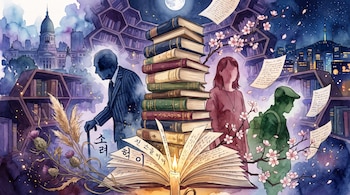 Pila de libros, tres siluetas, luna, vela, páginas con escritura coreana y española. Estantes, rama de cerezo, cardos, pampas, dos ciudades de fondo.