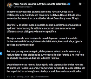 El Gobierno nacional desplegó tropas del Ejército y de la Policía en la zona rural de Silvia, Cauca, para restablecer la seguridad tras los recientes enfrentamientos - crédito X