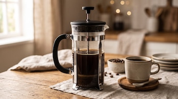 Cafetera de émbolo con café, taza de cerámica sobre plato de madera, cuchara y cuenco con granos de café sobre un mantel de lino en una mesa.
