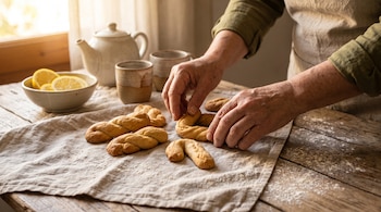 Manos sobre un paño de lino con galletas, junto a una tetera, tazas y un tazón con rodajas de limón sobre una mesa de madera.
