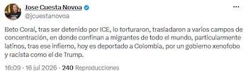 O vereador José Cuesta condenou o tratamento desumano de Beto Coral enquanto estava sob custódia do ICE nos EUA - crédito @jcuestanovoa/X