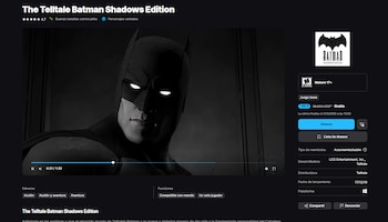 Captura de pantalla de la página de la tienda del videojuego The Telltale Batman Shadows Edition, mostrando a Batman en blanco y negro con ojos brillantes y la oferta gratuita