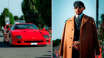Lewis Hamilton llegó al GP de Monza en su Ferrari restaurada e impactó con su curioso look