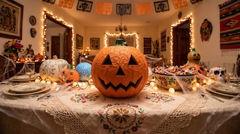 Calabaza de papel maché sobre una mesa con mantel bordado, luces, vajilla, dulces, calaveras decorativas y papel picado.