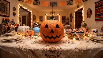 Mesa decorada con elementos de Halloween y papel picado en una casa mexicana - VisualesIA ScribNews