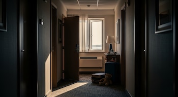 Pasillo de hotel oscuro con puerta de habitación abierta. Al fondo, una ventana abierta, una lámpara, un mueble. En el suelo, dos maletas y un osito de peluche.