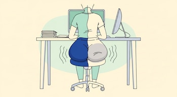 Ilustración plana de una persona de espaldas sentada en un escritorio con una computadora. La mitad izquierda de sus glúteos es azul y tonificada, la derecha gris y flácida.