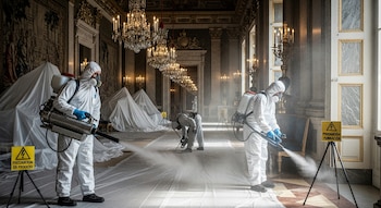 Tres técnicos con trajes protectores y respiradores fumigan un gran salón. Candelabros, tapices y mobiliario cubiertos. Señales de precaución.