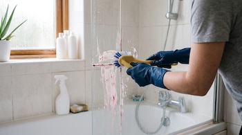 Una persona con guantes azules frota un cepillo sobre una mampara de vidrio con espuma en un baño con azulejos y ventana.