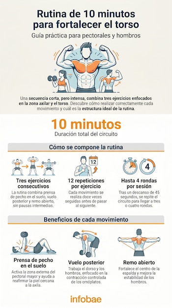 Infografía con instrucciones y gráficos ilustrativos de una rutina de ejercicios de 10 minutos para fortalecer el torso, pectorales y hombros.