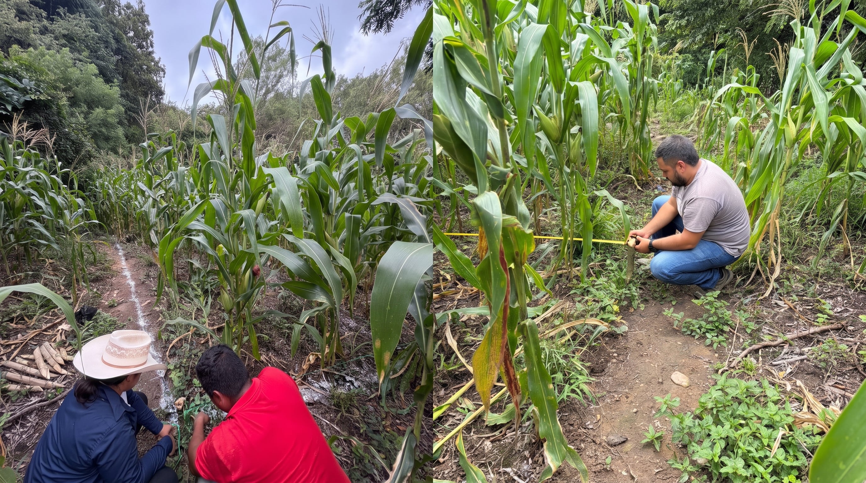 Un grupo de personas realiza tareas de medición del terreno y monitoreo de plantas en un campo de maíz. (Imagen Ilustrativa Infobae)