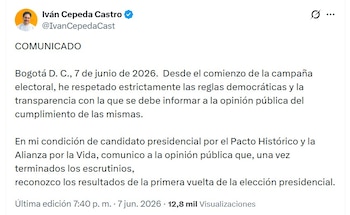 El aspirante Iván Cepeda aceptó su derrota en las elecciones presidenciales de primera vuelta - crédito @IvanCepedaCast/X