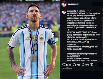 Lionel Messi viste camiseta de la selección argentina y una medalla de plata, junto a una publicación de Instagram de Peque Pareto en un teléfono móvil
