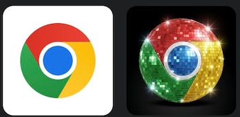 Dos logos de Google Chrome: uno estándar con fondo blanco y otro estilizado como bola de discoteca brillante sobre fondo negro
