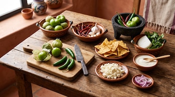 Tomatillos, chiles, cebolla, ajo, cilantro, totopos, queso y crema en platos de barro, un molcajete y una tabla de madera con un cuchillo.