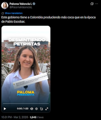 Paloma Valencia comparó gestión antidrogas de Gustavo Petro con la época de Pablo Escobar - crédito @PalomaValenciaL/X