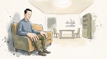 Ilustración de un hombre sentado en un sillón con manos grandes, frente a una mesa, dos sillas y una biblioteca de menor tamaño.