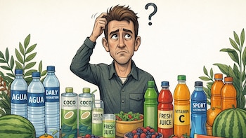 Hombre de caricatura confundido, rodeado de botellas de agua, zumos, bebidas deportivas, y una variedad de frutas como sandía, melón y bayas en una mesa de madera.