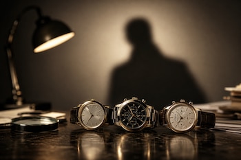 Tres relojes de pulsera sobre una mesa cerca de una lámpara encendida y la sombra de una persona en la pared.