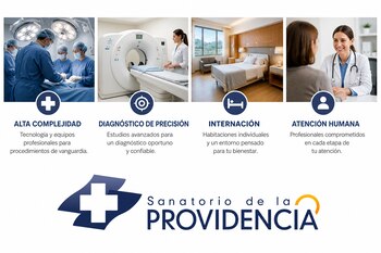 Cuatro fotografías muestran un quirófano, un tomógrafo, una habitación de internación y una consulta, sobre el logo del Sanatorio de la Providencia
