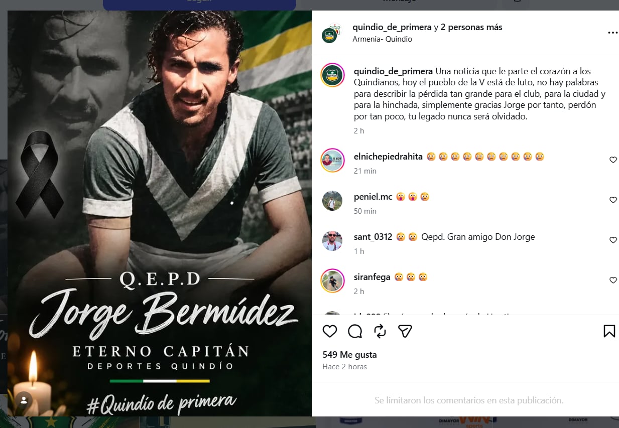 Post de condolencias tras la muerte de Jorge Bermúdez - crédito Instagram