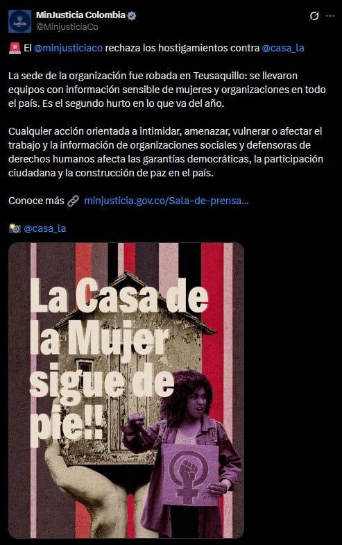 El Ministerio de Justicia y del Derecho rechaza el robo a la sede de la Casa de la Mujer en Bogotá y pide avances en la investigación del caso - crédito Ministerio de Justicia/X