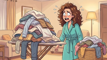 Ilustración de una mujer con expresión de horror, en bata, frente a una gigantesca pila de ropa arrugada en una tabla de planchar y una cesta llena.