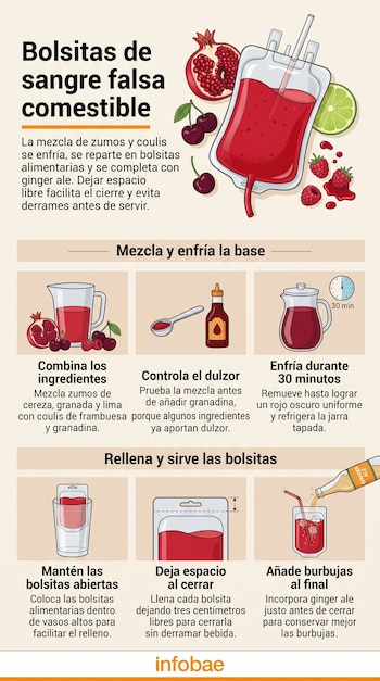Infografía con ilustraciones de una bolsa de líquido rojo, frutas, jarras, una cuchara dosificadora y una botella de refresco con texto explicativo.