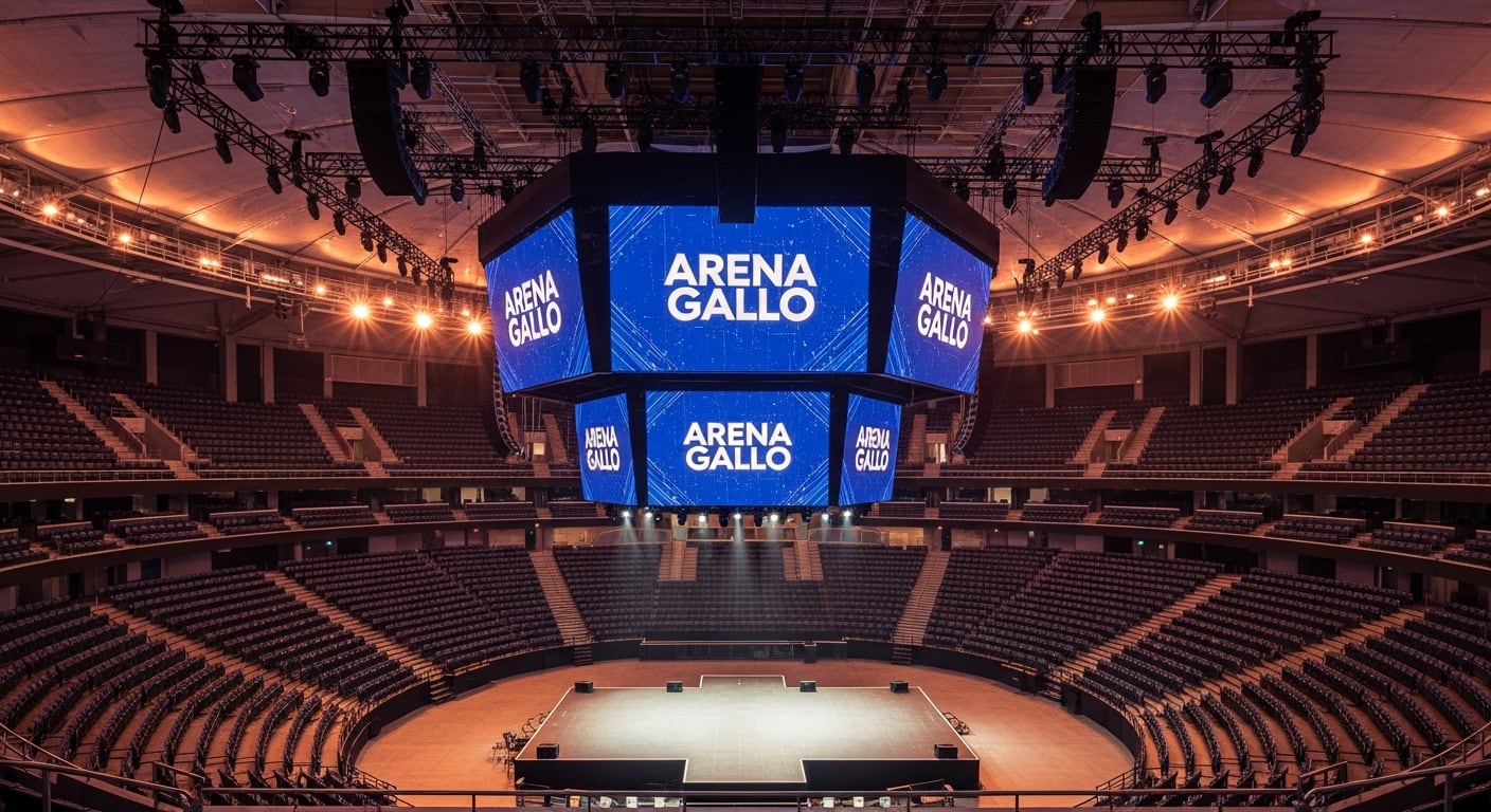 Una vista impresionante del interior de Arena Gallo, el moderno recinto para eventos multitudinarios en Guatemala, con sus asientos vacíos, escenario central iluminado y pantallas vibrantes. (Imagen Ilustrativa Infobae)