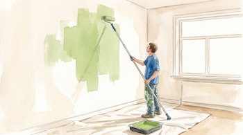 Hombre con camiseta azul y pantalón con manchas verdes pinta una pared con un rodillo de extensión. El suelo tiene una lona protectora y hay una bandeja de pintura.