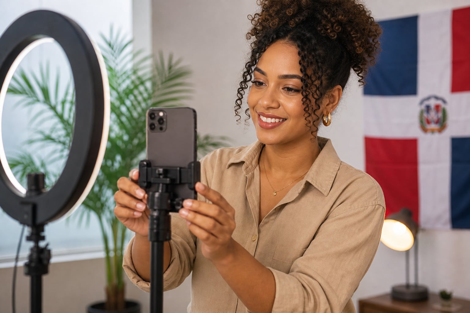 Una creadora de contenido en República Dominicana ajusta un teléfono móvil sobre un trípode para grabar un video. (Imagen Ilustrativa Infobae)