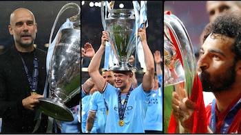 Tres imágenes: Pep Guardiola con la Copa de Campeones, un futbolista levantando la copa, Mohamed Salah besando la copa