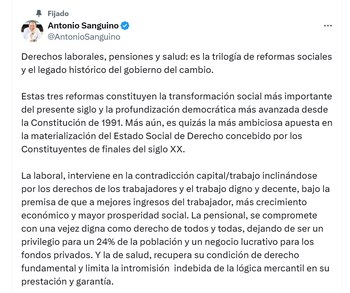Antonio Sanguino, ministro del Trabajo, anotó que las reformas son las transformación social más importante del siglo - crédito @AntonioSanguino/X