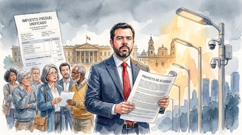 Ilustración del alcalde Carlos Galán con un proyecto de acuerdo, ciudadanos con recibos de impuesto, postes con luces LED y cámaras, Palacio Liévano, bandera de Bogotá.