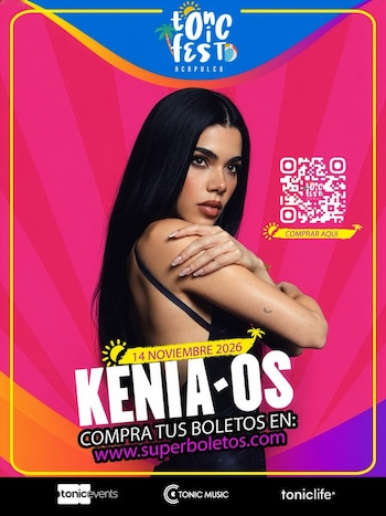 Cartel de fondo rosado con una fotografía de Kenia Os, un código QR, el logotipo del Tonic Fest y la fecha 14 de noviembre de 2026